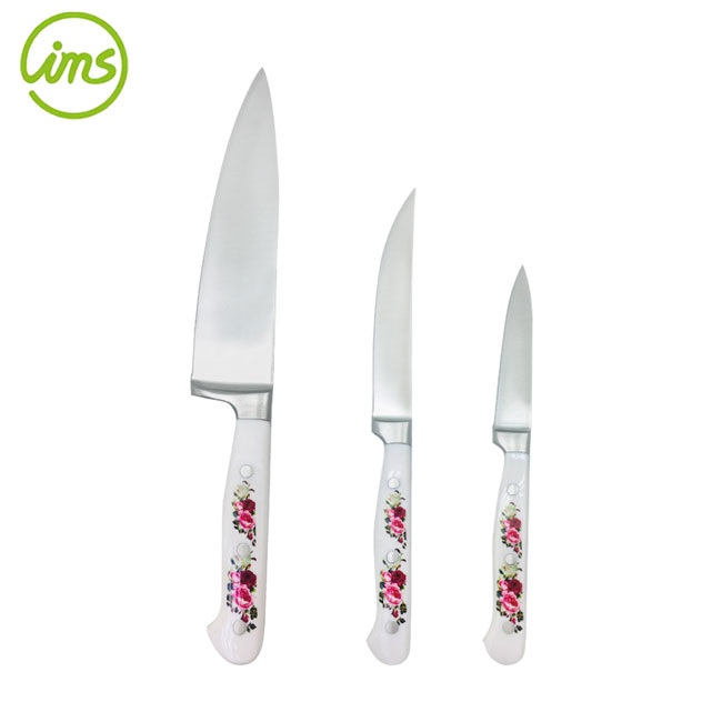 Juego de cuchillos de acero inoxidable de 3 piezas con calcomanía de mango floral