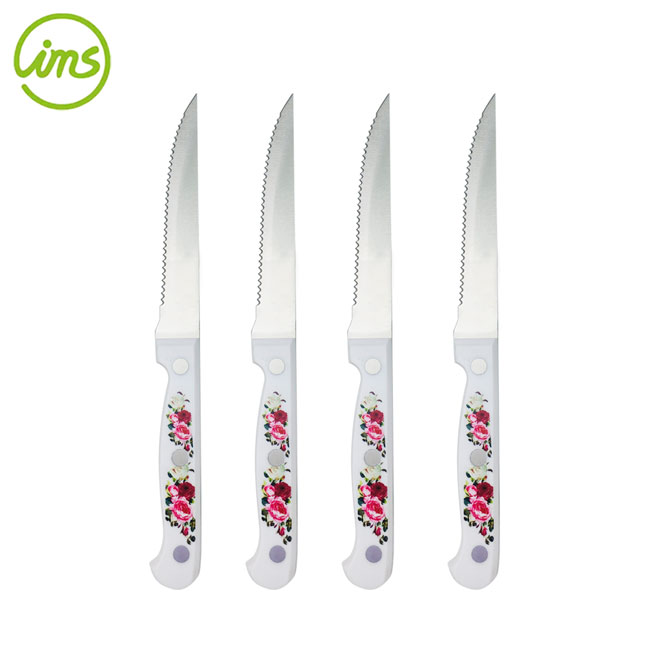 4-Piece Stainless Steel Steak Knives Set with Floral Handle Decal